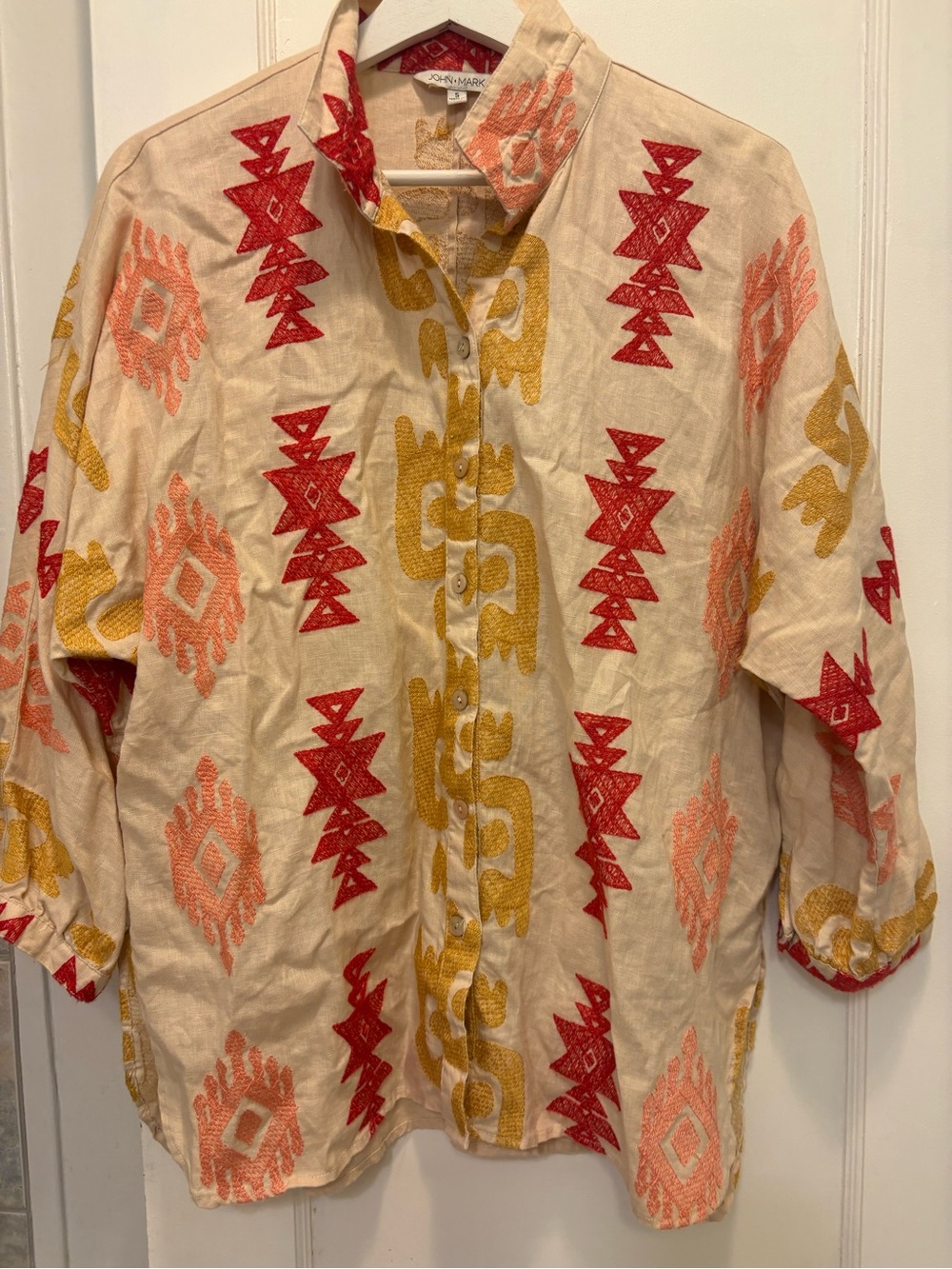 John Mark Embroidered Linen Button-Up Shirt - Cream with Red & Mustard